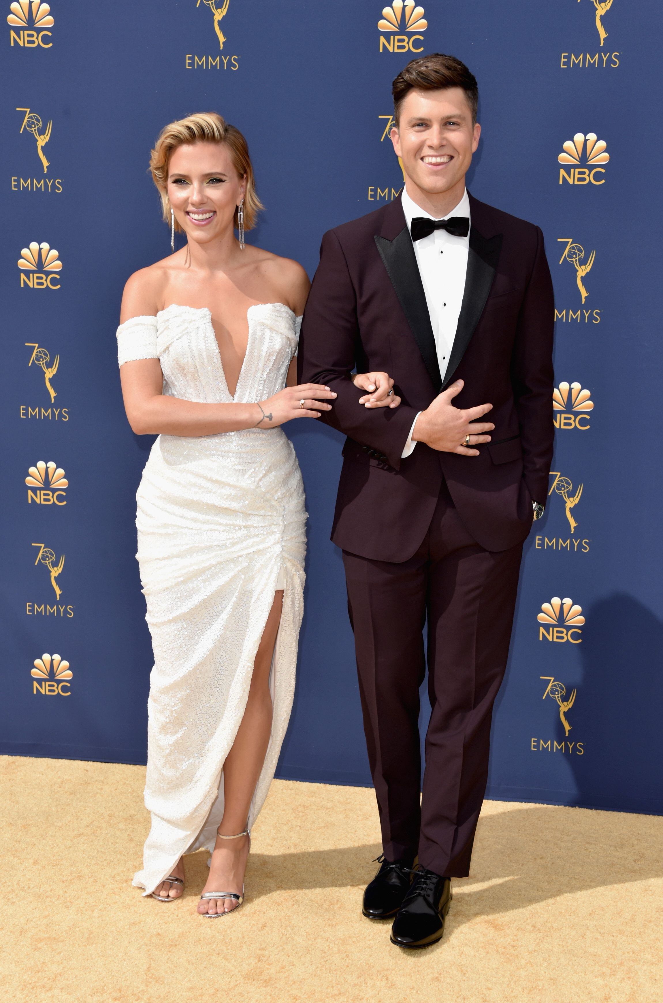 Scarlett Johansson (left) and Colin Jost attend the 70th Emmy Awards at Microsoft Theater on September 17, 2018, in Los Angeles.