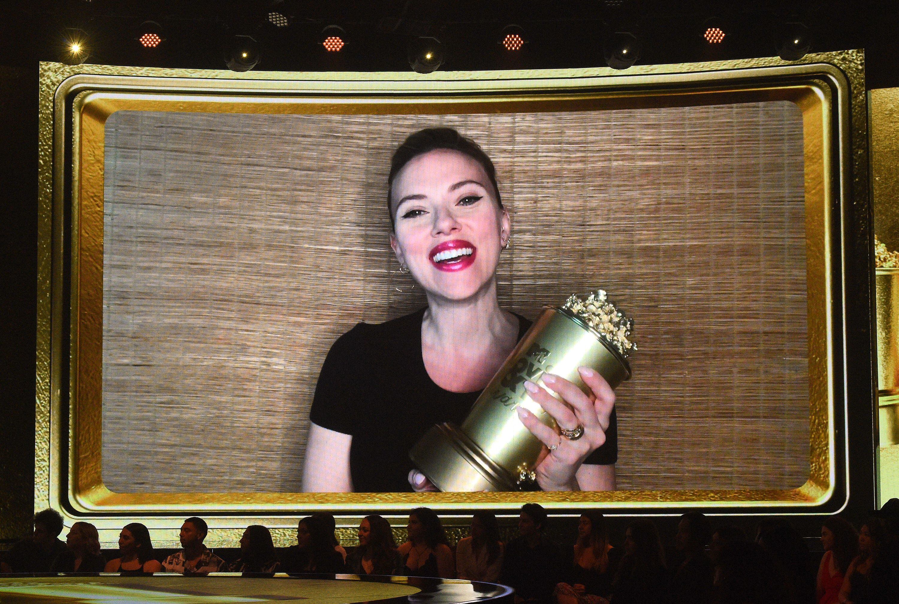Honoree Scarlett Johansson accepts the MTV Generation Award via video during the 2021 MTV Movie & TV Awards at the Hollywood Palladium on May 16, 2021, in Los Angeles.